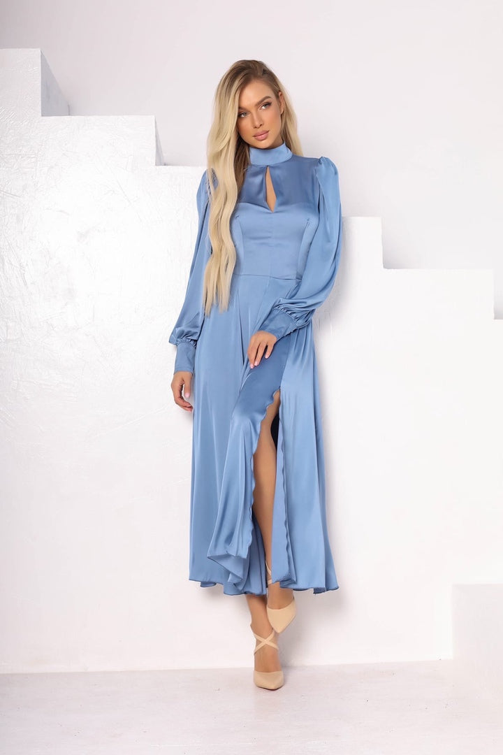 Sky-Blue Silk Long Sleeve Maxi Dress