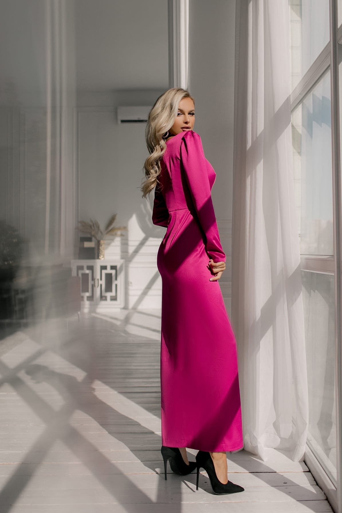 Fuchsia Satin Long Sleeve Maxi Dress