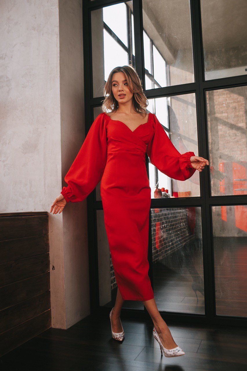 Red Puff-Sleeve Midi Dress