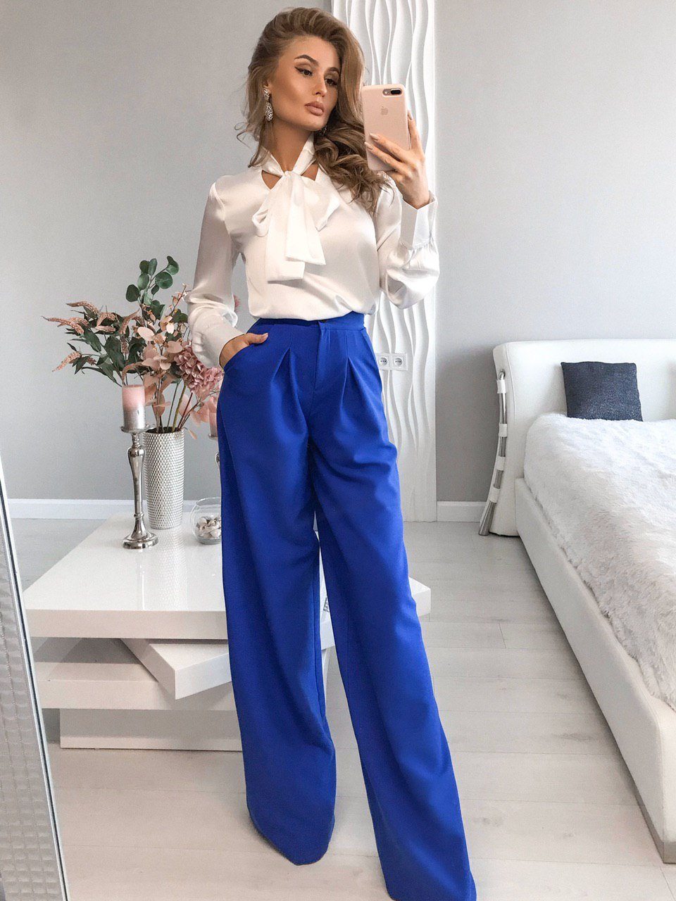 Blue High Waist Fitted Palazzo Pants