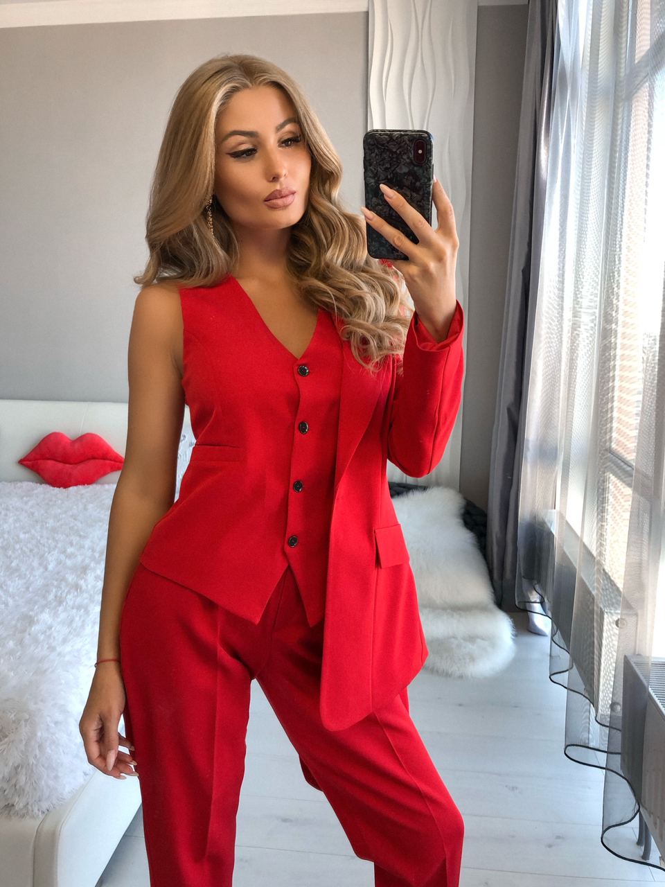 Red Office Slim-Fit 3-Piece Suit