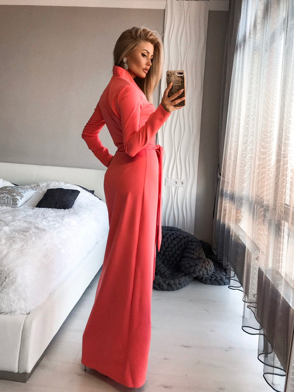 Coral Wrap Long Sleeve Maxi Dress – ELAGIA