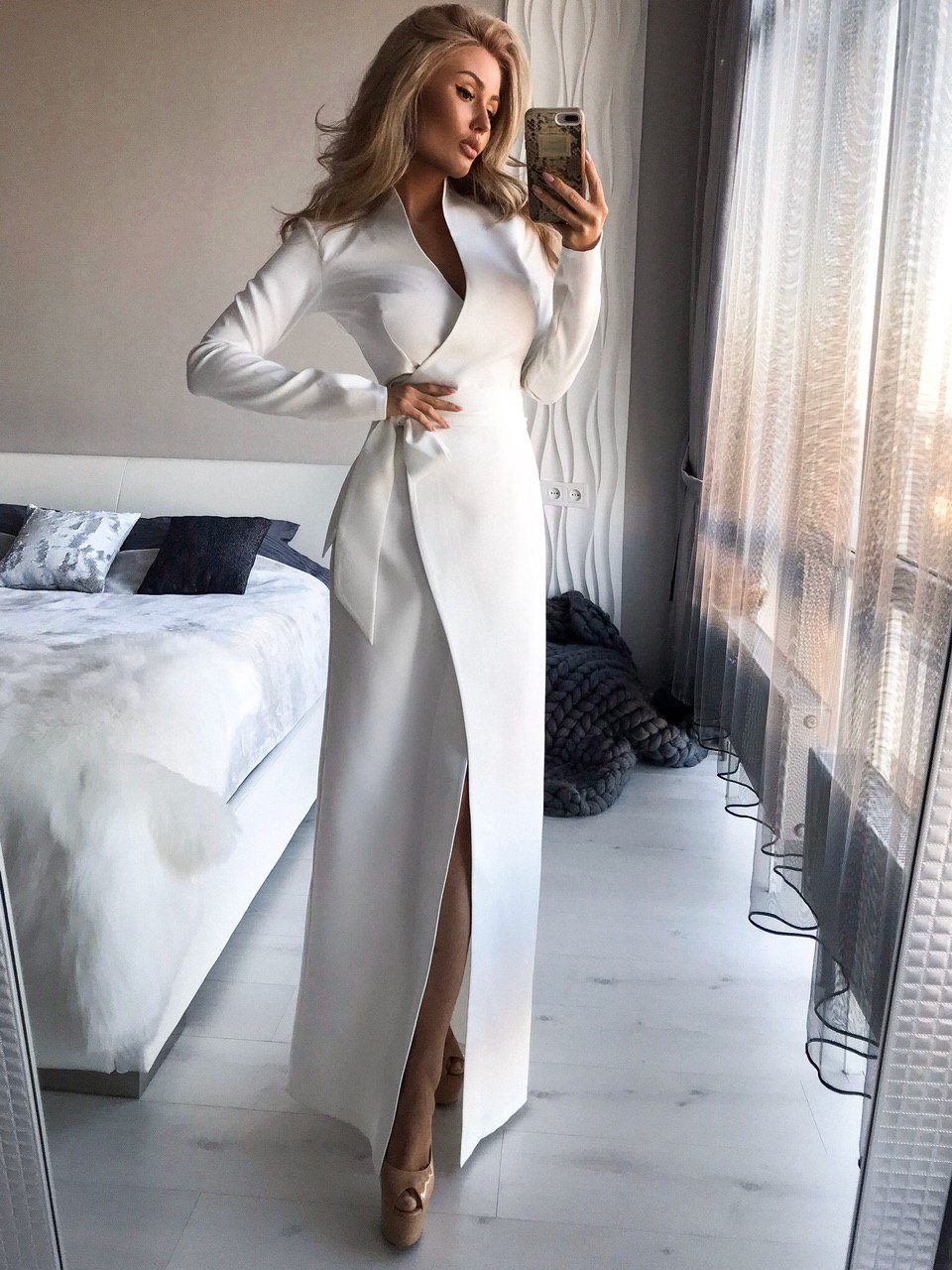 White Wrap Long Sleeve Maxi Dress
