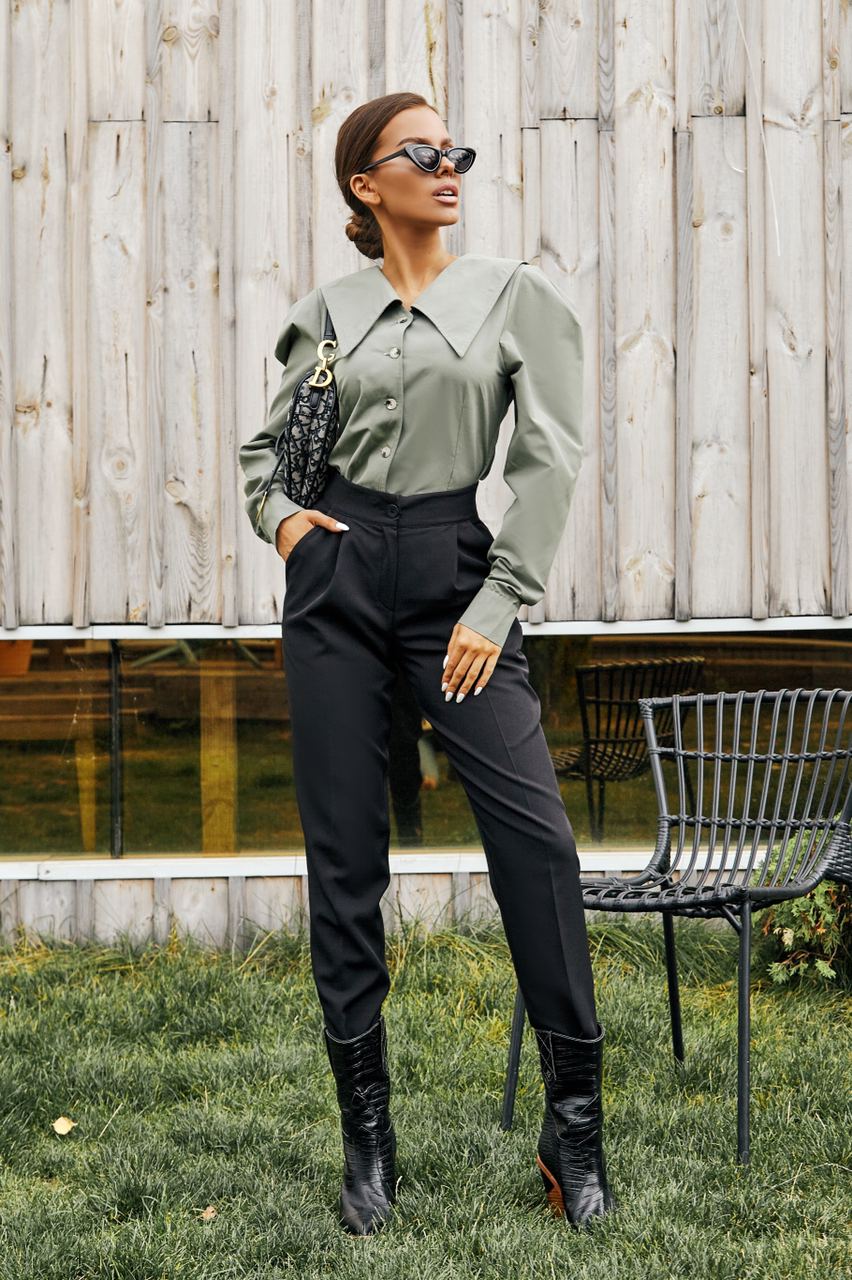 Olive Puff Sleeve Collared Blouse