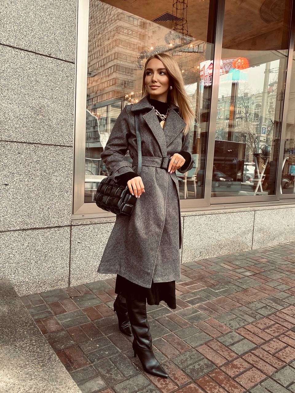 Casual Grey Wool Belted Coat