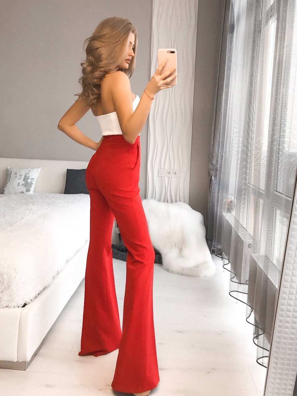 Red High Waist Fitted Flared Pants