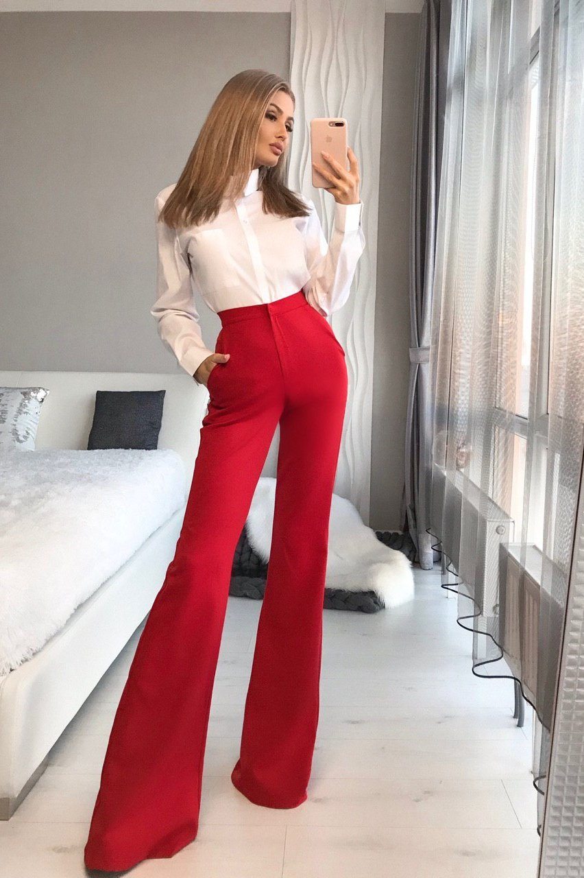 Red High Waist Fitted Flared Pants ELAGIA