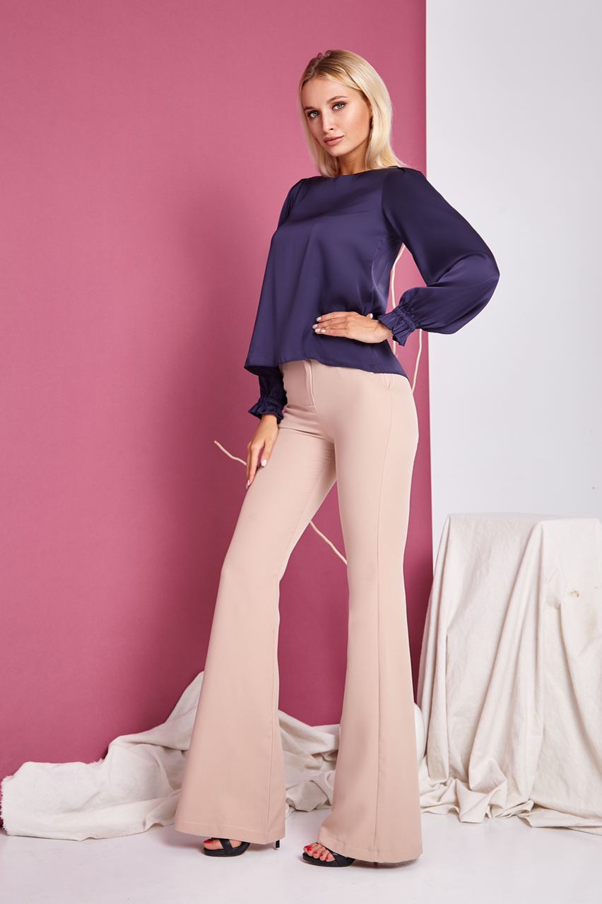 Beige High Waist Fitted Flared Pants