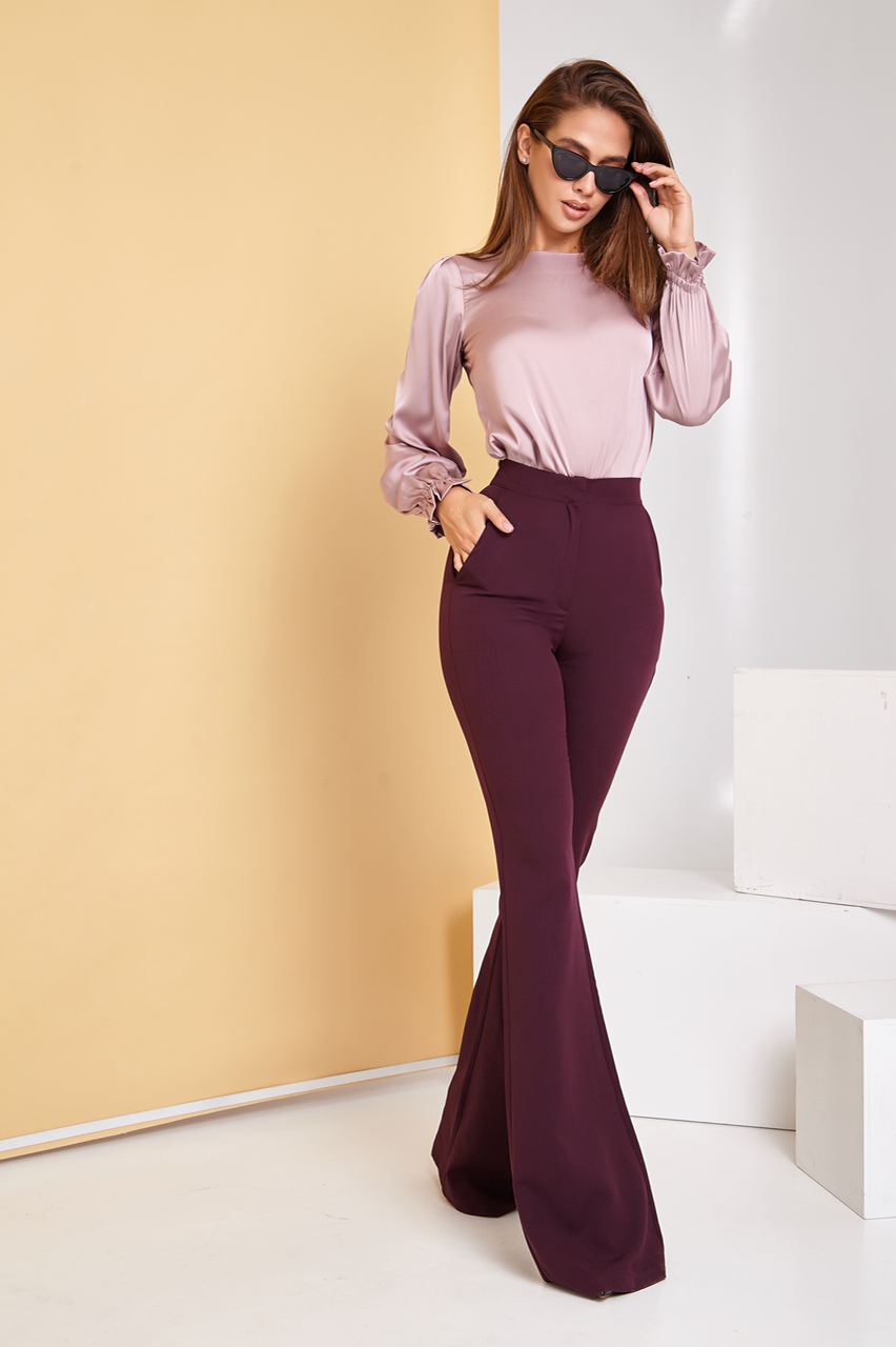 Bordeaux High Waist Fitted Flared Pants