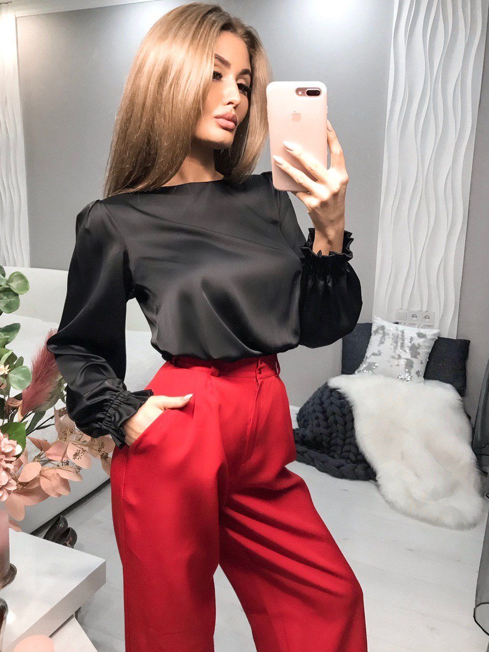 Red High Waist Fitted Palazzo Pants