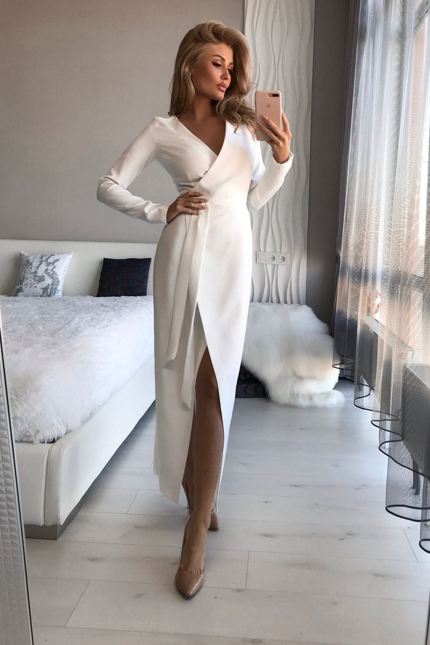 White Wrap Long Sleeve Collarless Maxi Dress – ELAGIA