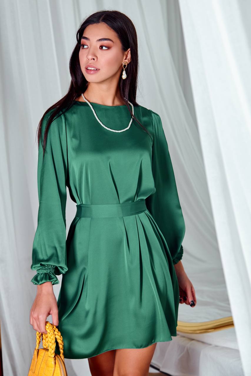 Emerald Silk Long Sleeve Mini Dress