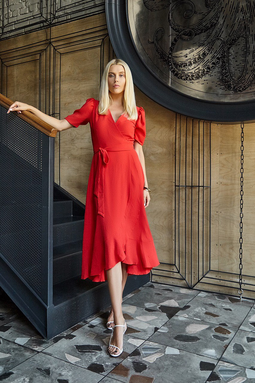 Red wrap tea dress online