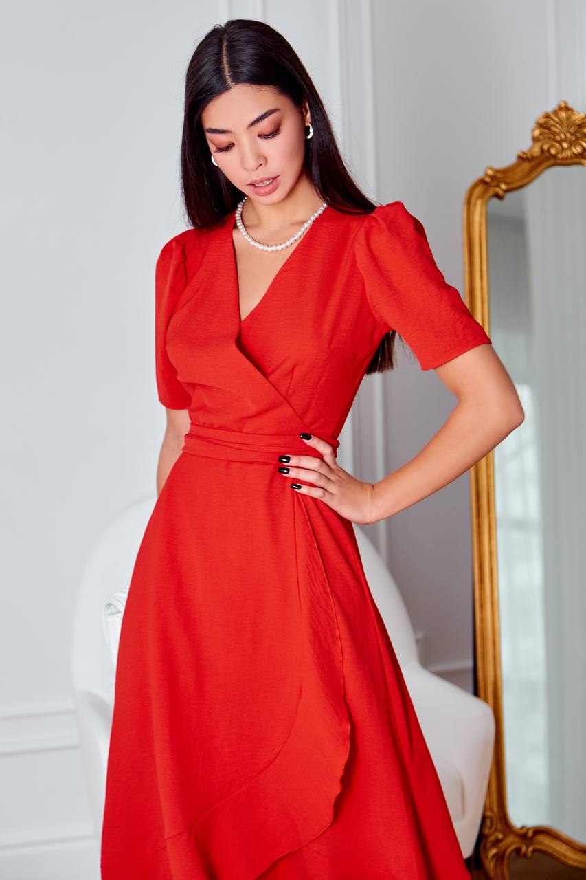Red Wrap Short Sleeve Midi Dress