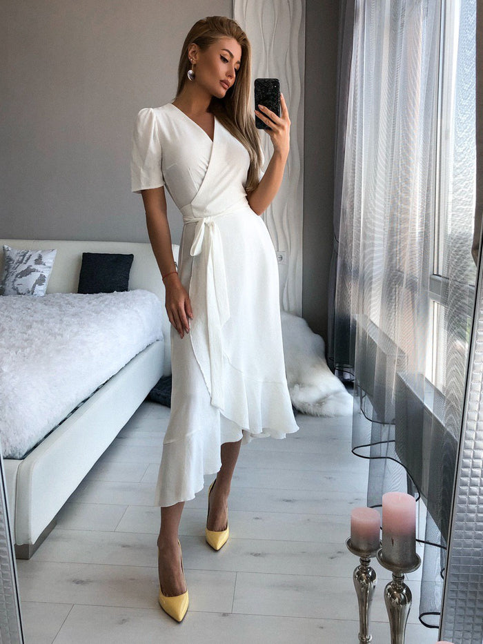 White Wrap Short Sleeve Midi Dress