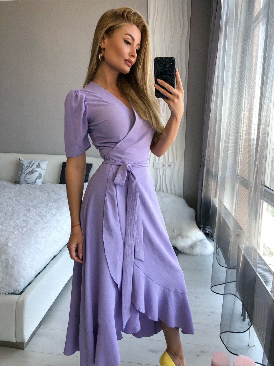 Lavender Wrap Short Sleeve Midi Dress