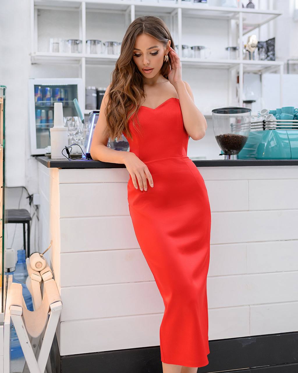 Red Satin Corseted Strapless Dress