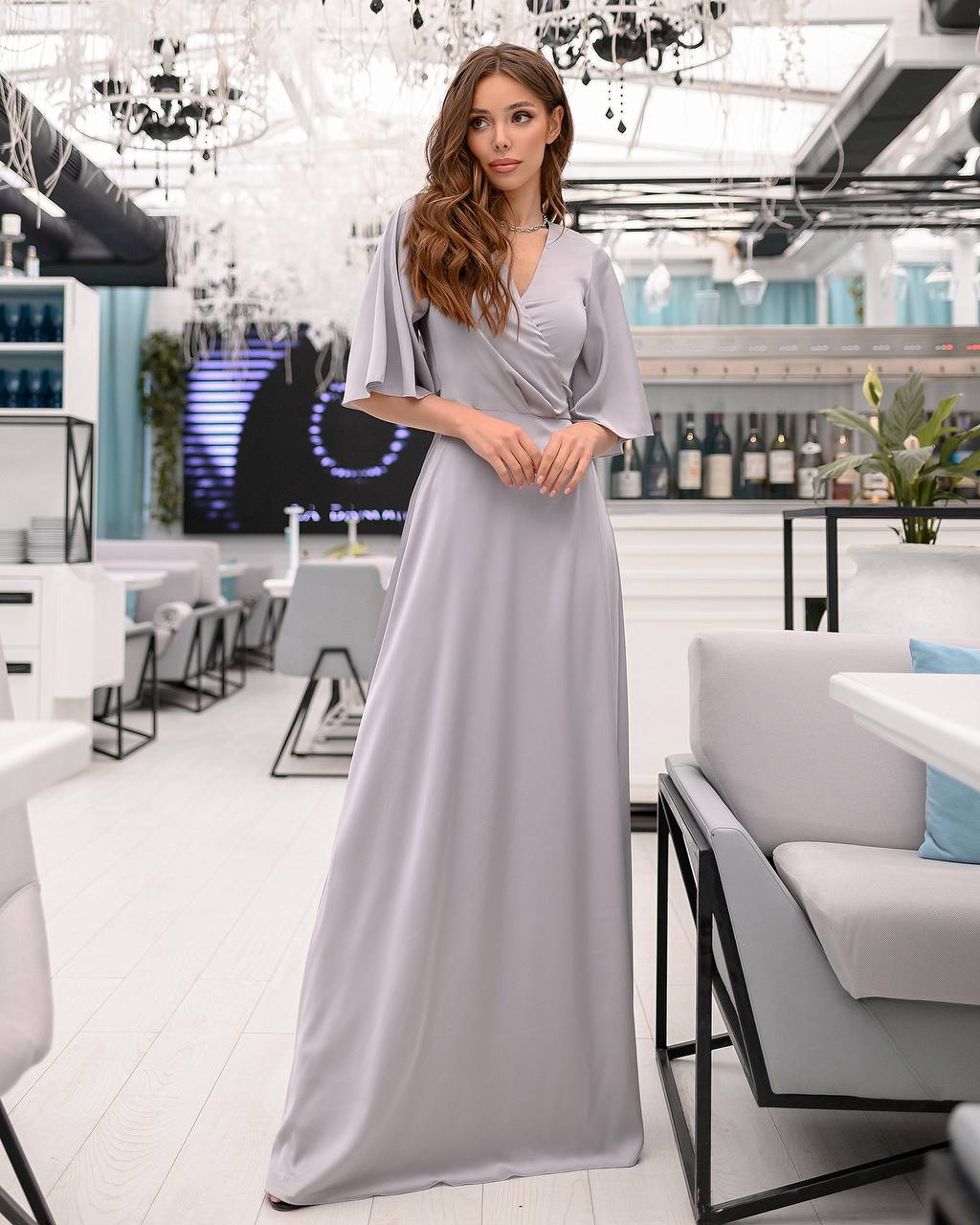Silver Silk Wrap Maxi Dress