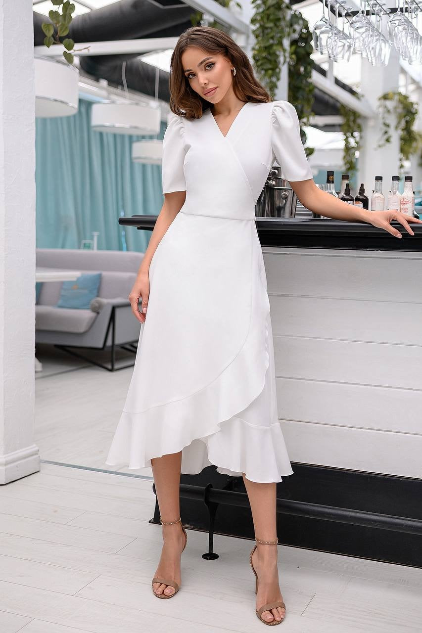White Wrap Short Sleeve Midi Dress