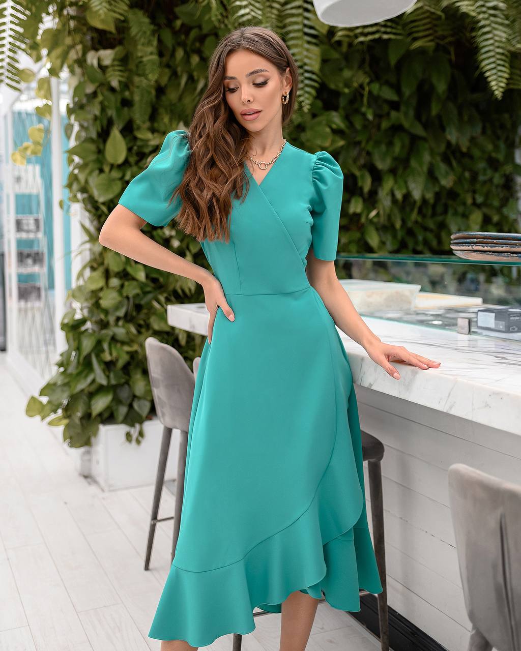 Tiffany Blue Wrap Short Sleeve Midi Dress