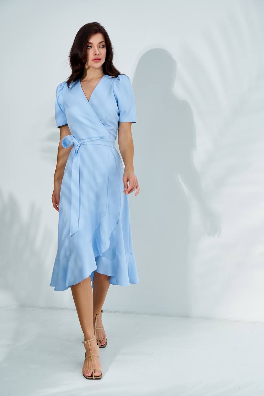 Sky-Blue Wrap Short Sleeve Midi Dress