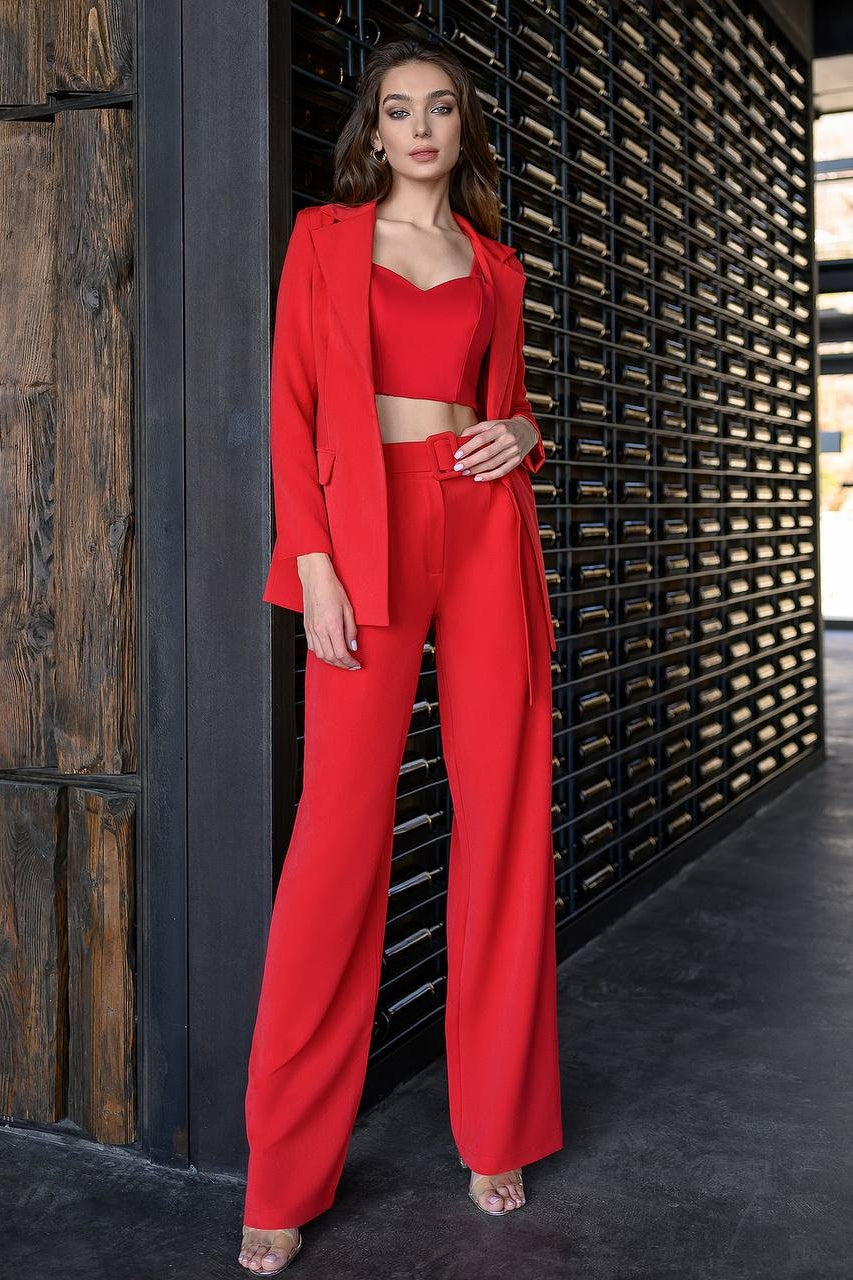 Red Belted Wide-Leg Suit 2-Piece