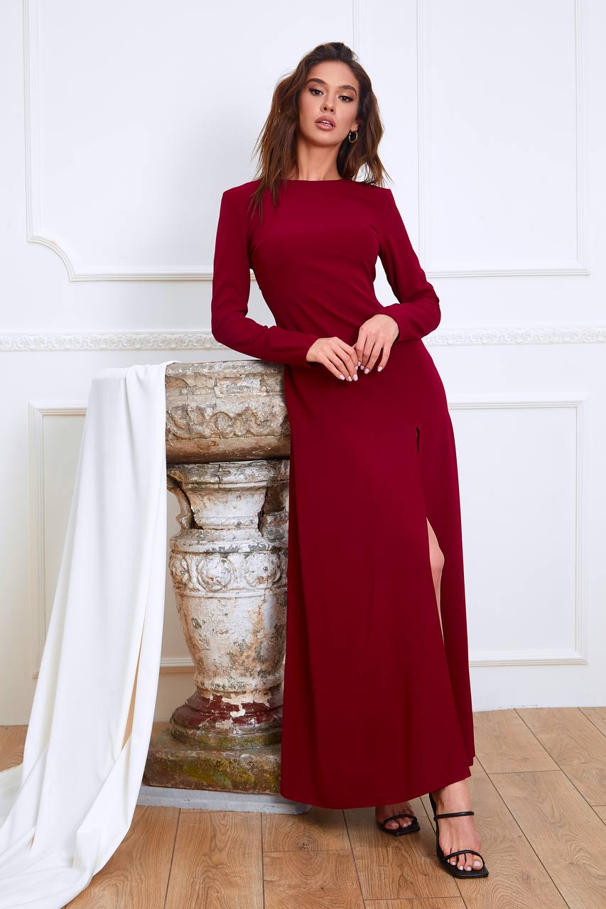 Bordeaux Long Sleeve Thigh-Slit Maxi Dress