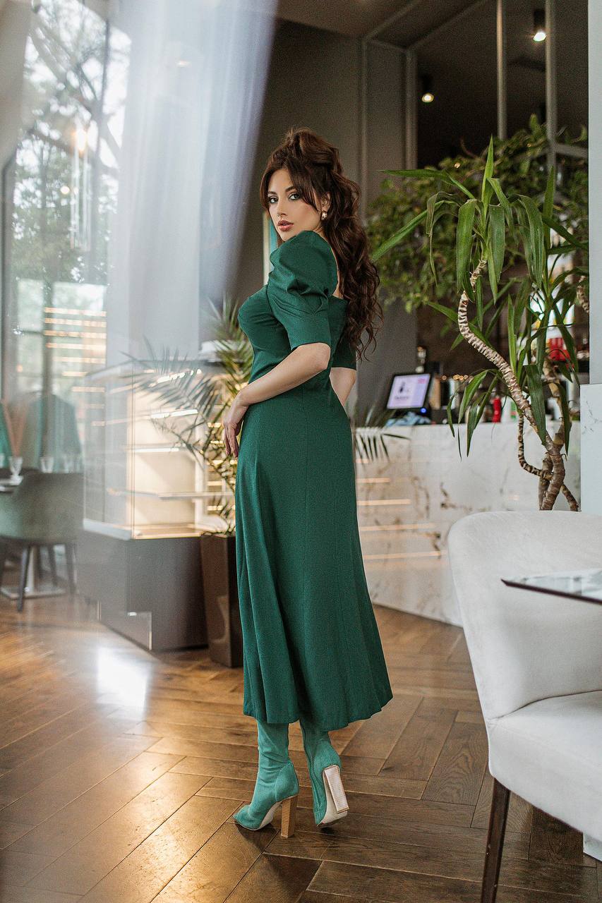 Green Linen Short Sleeve Midi Dress