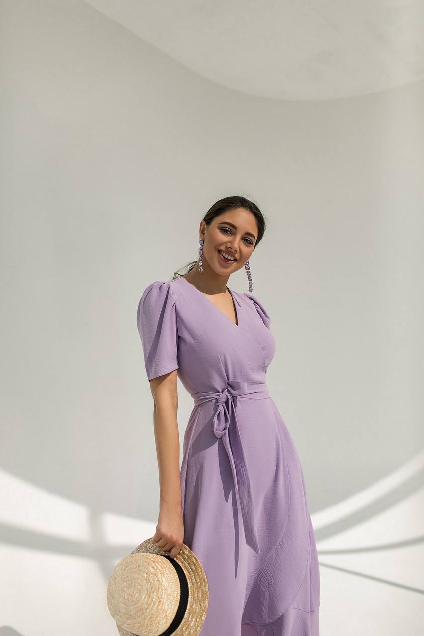 Lavender Wrap Short Sleeve Midi Dress