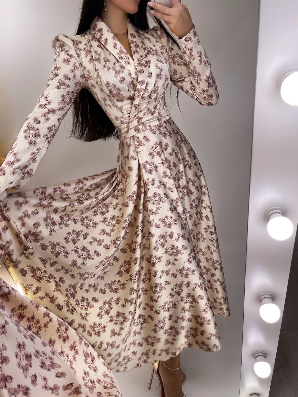 Beige Floral-Print Wrap Midi Dress