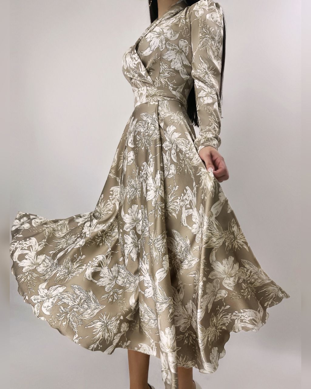 Brown Floral-Print Wrap Midi Dress