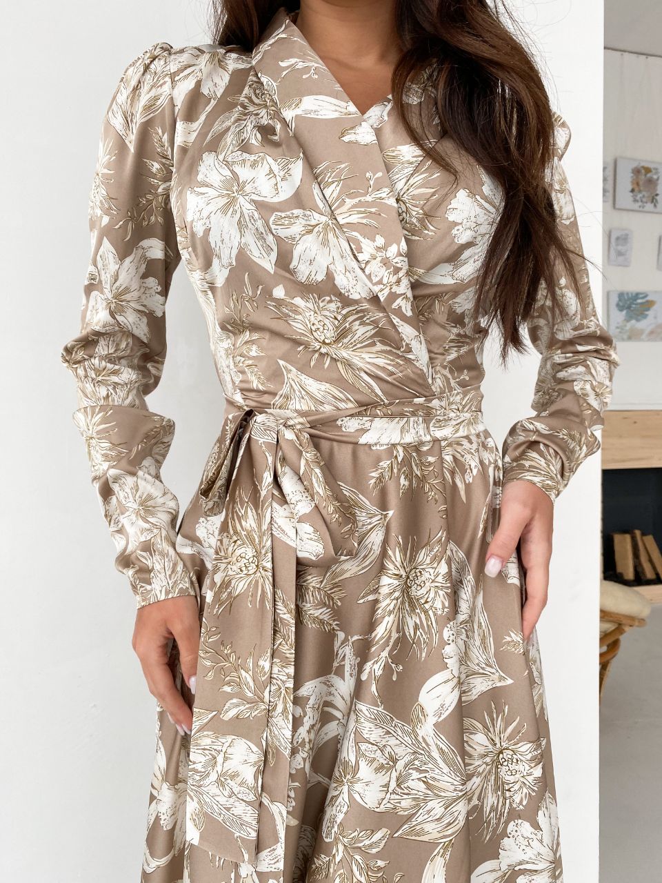 Brown Floral-Print Wrap Midi Dress
