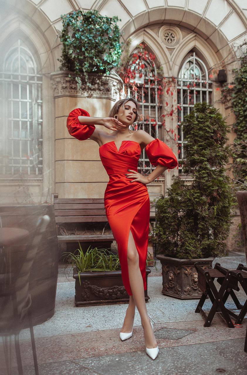 Red Satin Puff-Sleeve Midi Dress