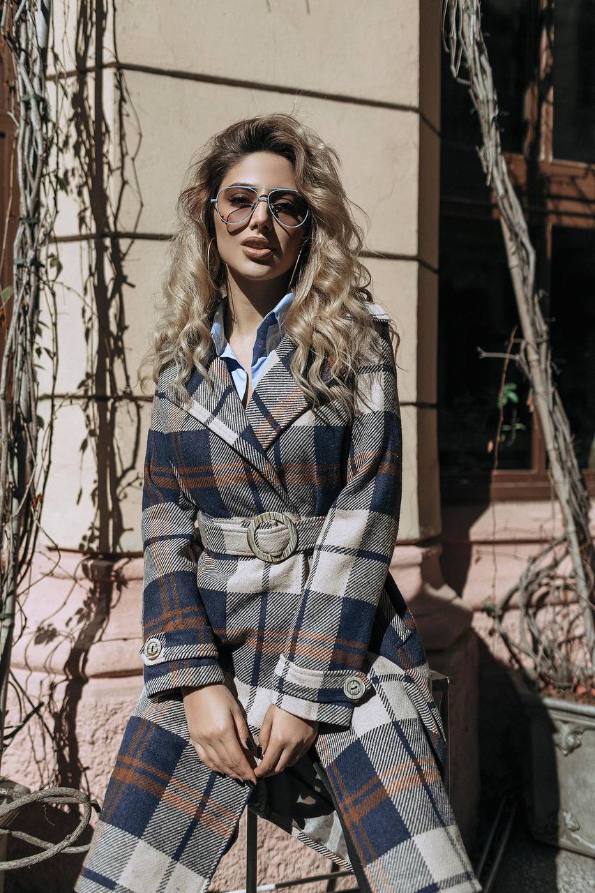 Navy Plaid Checked Belted Coat ELAGIA