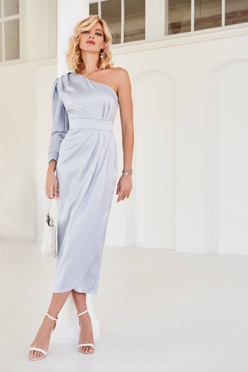 Silver One-Shoulder Satin Midi Dress