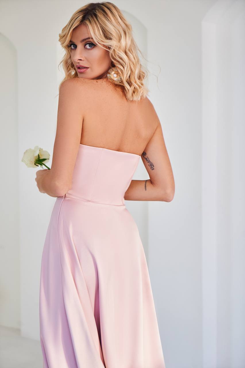 Dusty Pink Satin Corseted Strapless Dress