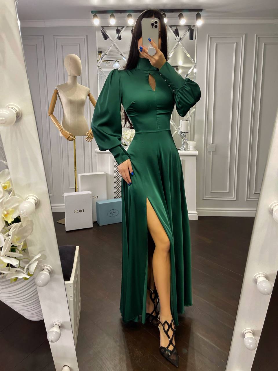 Emerald Puff-Sleeve Turtleneck Maxi Dress