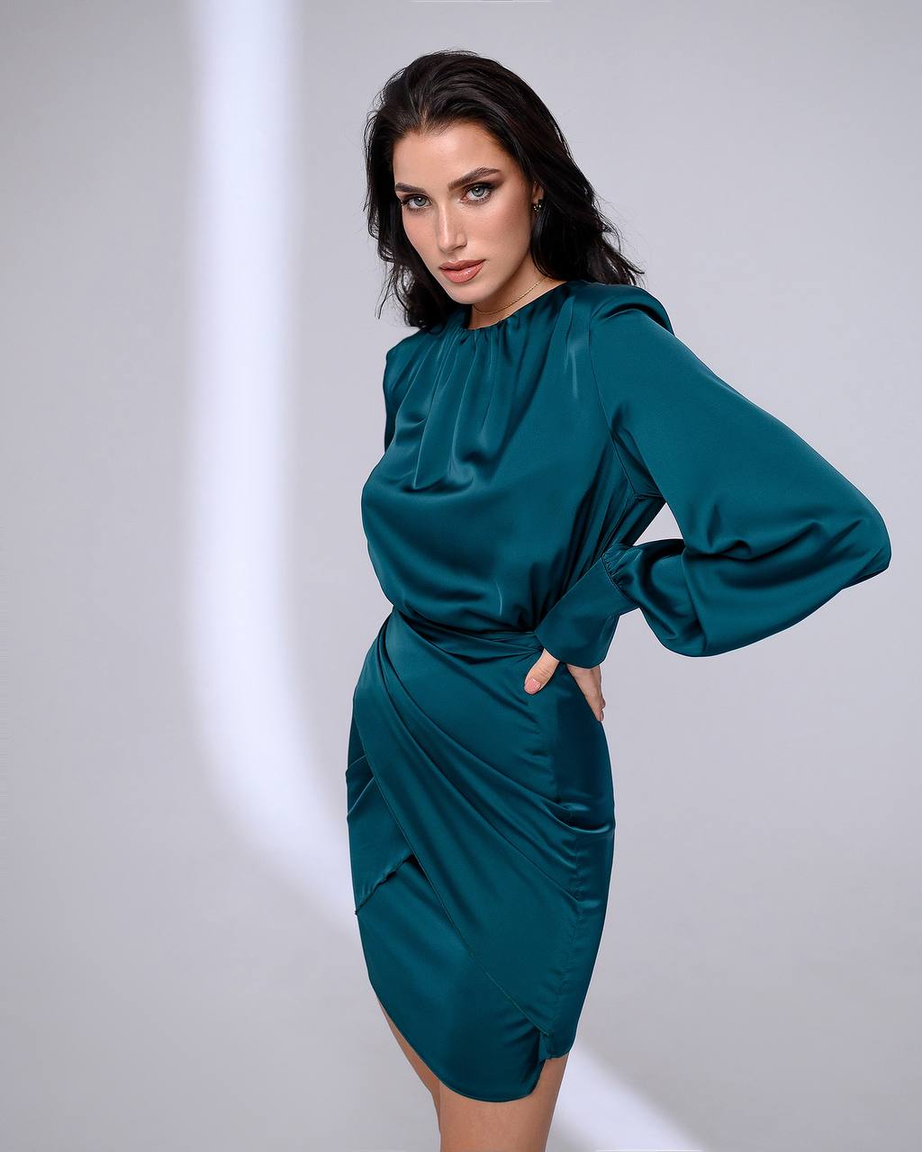 Emerald Silk Puff Sleeve Mini Dress