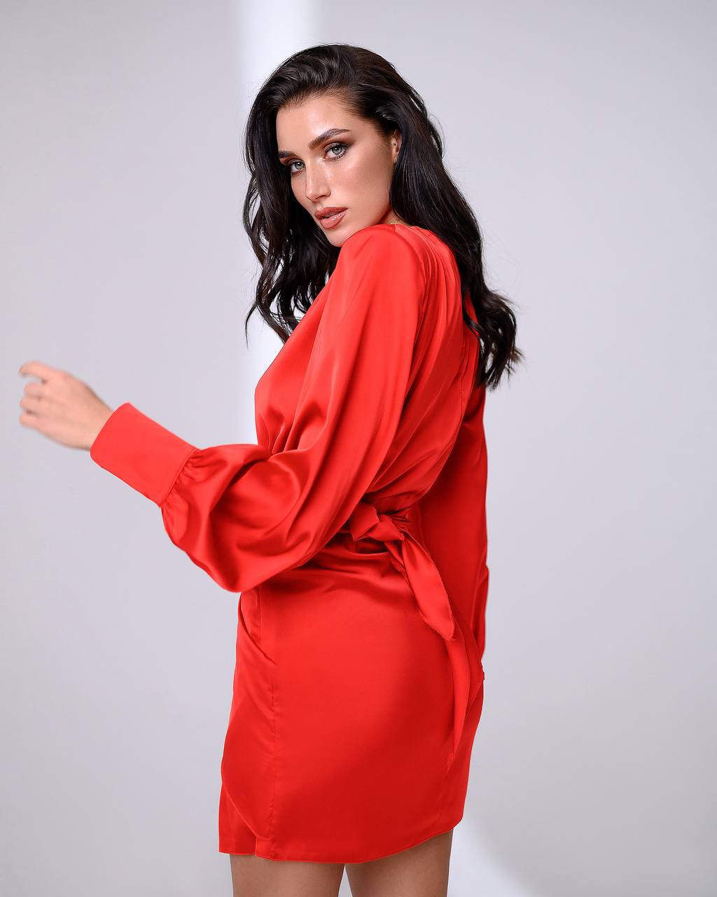 Red Silk Puff Sleeve Mini Dress