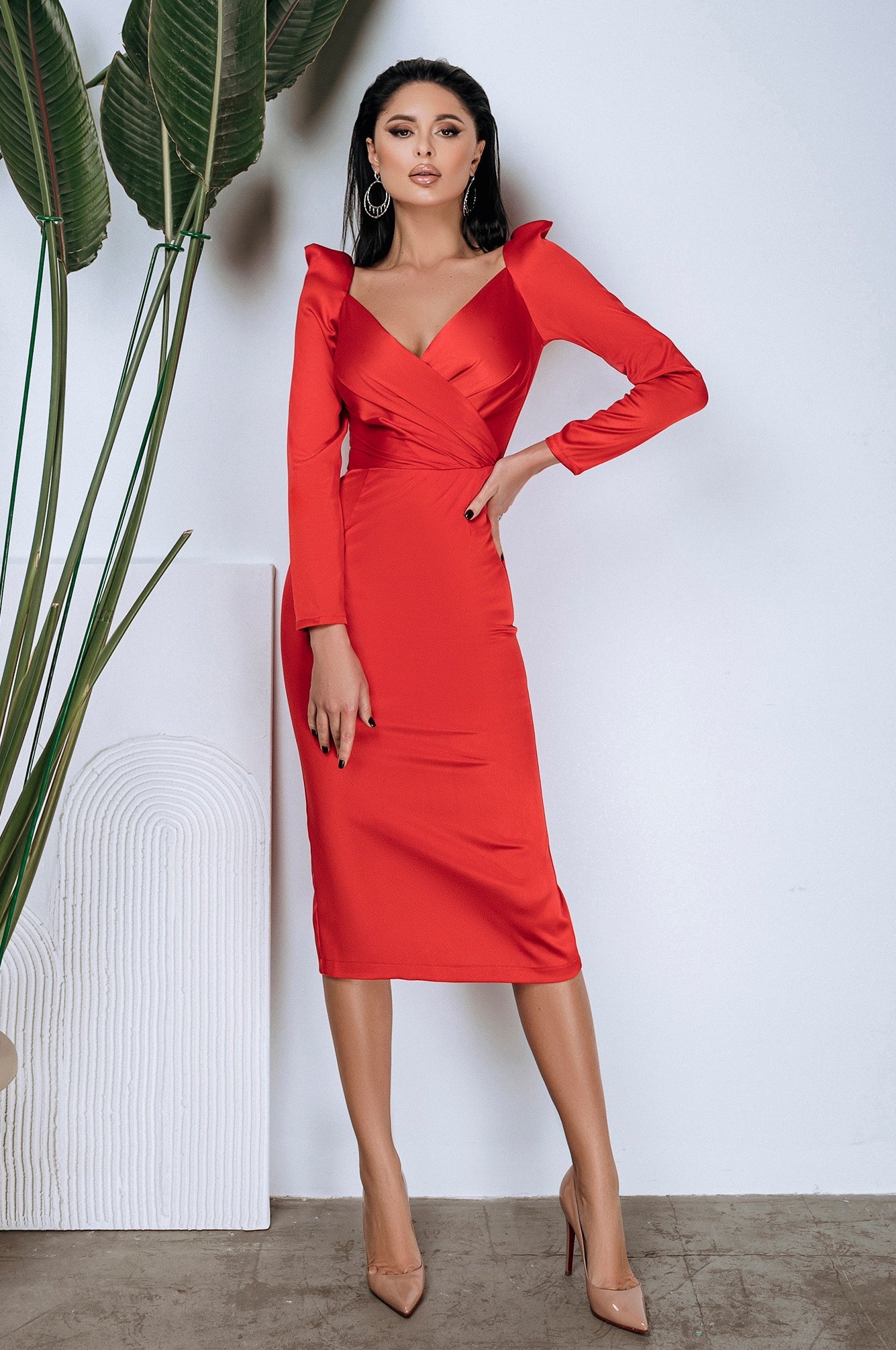 Red Long Sleeve Midi Dress – ELAGIA