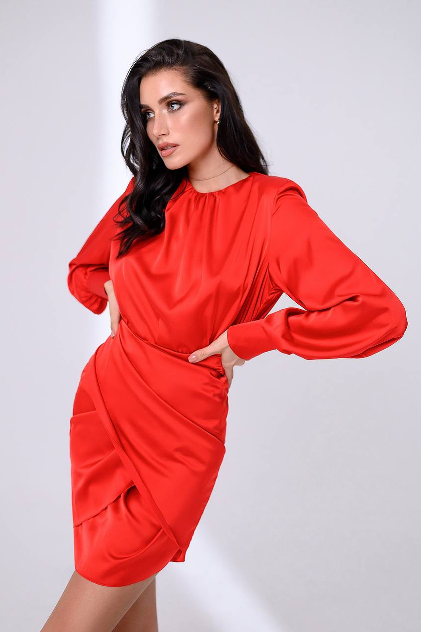Red Silk Puff Sleeve Mini Dress